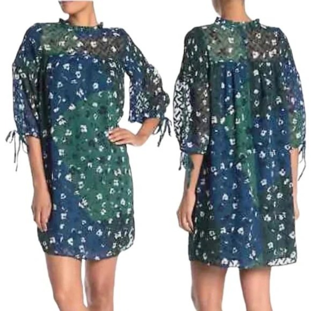 Susina Women's Patchwork Floral Shift‎ Dress Smocked Ruffle Neck Sheer- XS
